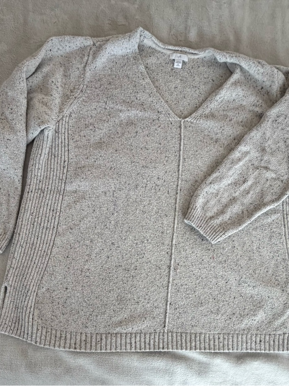 J. Jill Speckled V-Neck Sweater in Light Oatmeal with Black and Tan Flecks